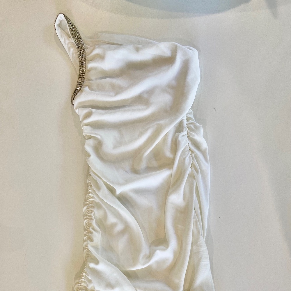 White rhinestone one sleeve New Year’s Eve dress